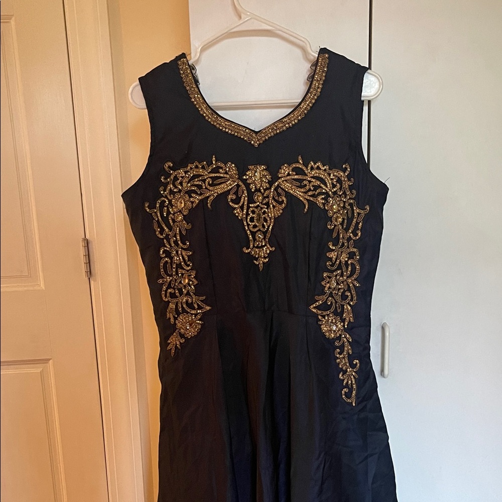 Elegant Navy and Gold Embroidered Gown